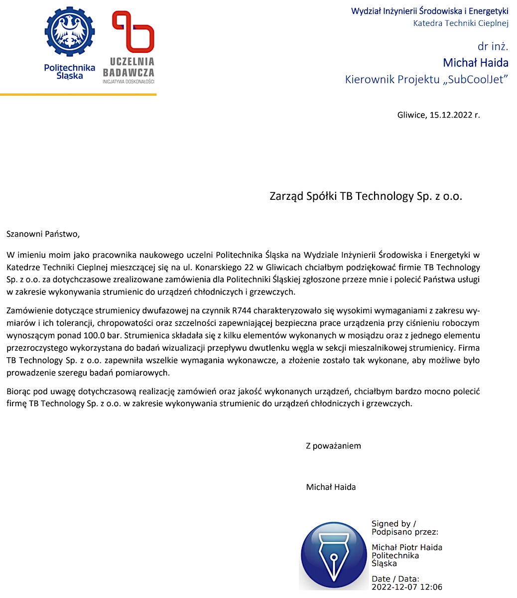 Referencje z Politechniki Śląskiej dla TB Technology